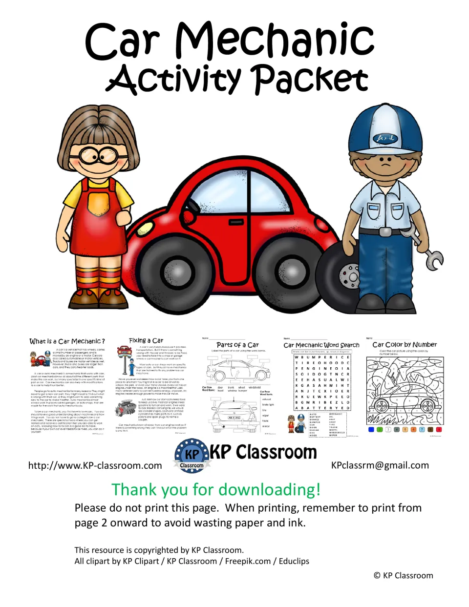 Car Mechanic Activity Packet cover showing reading passages, parts of a car labeling, word search and color by number