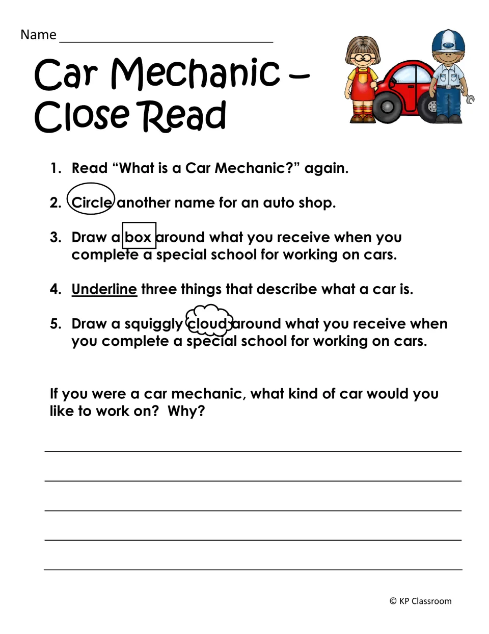 Car mechanic close read: students circle, box, underline and cloud details in the passage, then write about a dream car