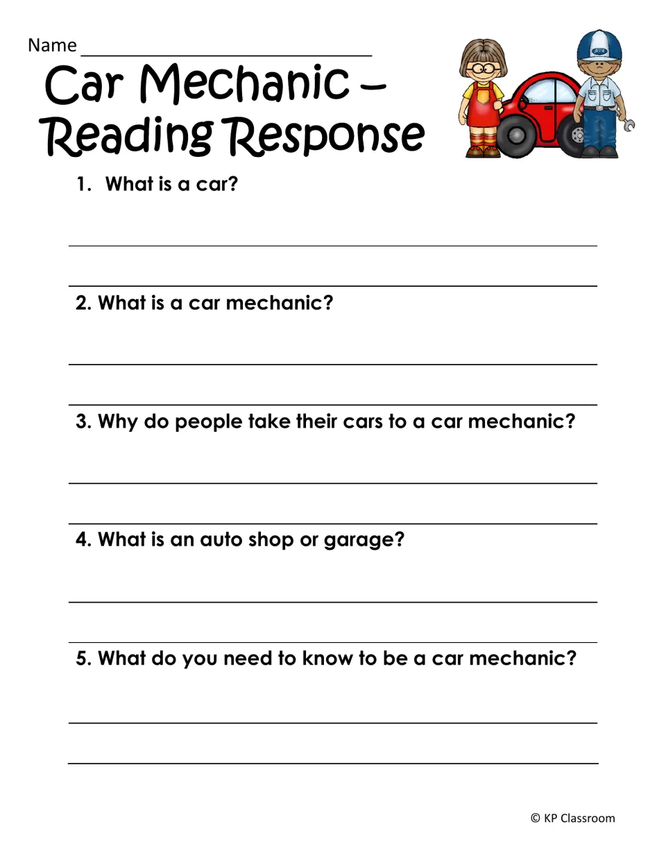 Car mechanic reading response: students write answers to five questions on cars, mechanics, auto shops and job skills