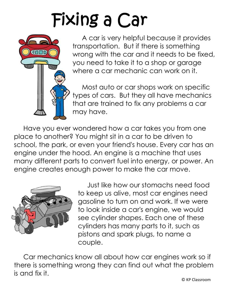 Fixing a Car reading passage: students read how auto shops help and how an engine uses gasoline, cylinders and pistons