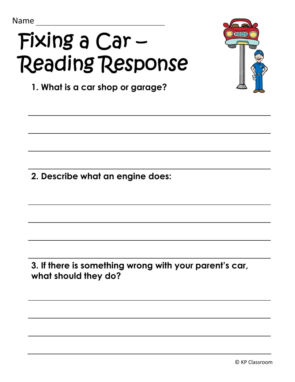 Fixing a Car reading response: students answer three questions about garages, how engines work and handling repairs