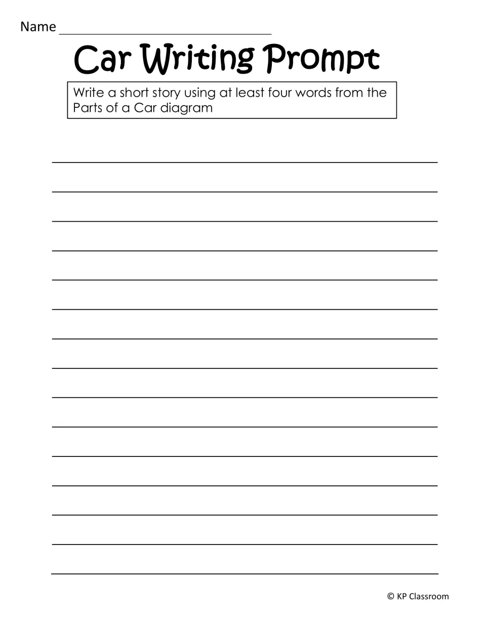 Car writing prompt: students write a short story that uses at least four words from the Parts of a Car diagram