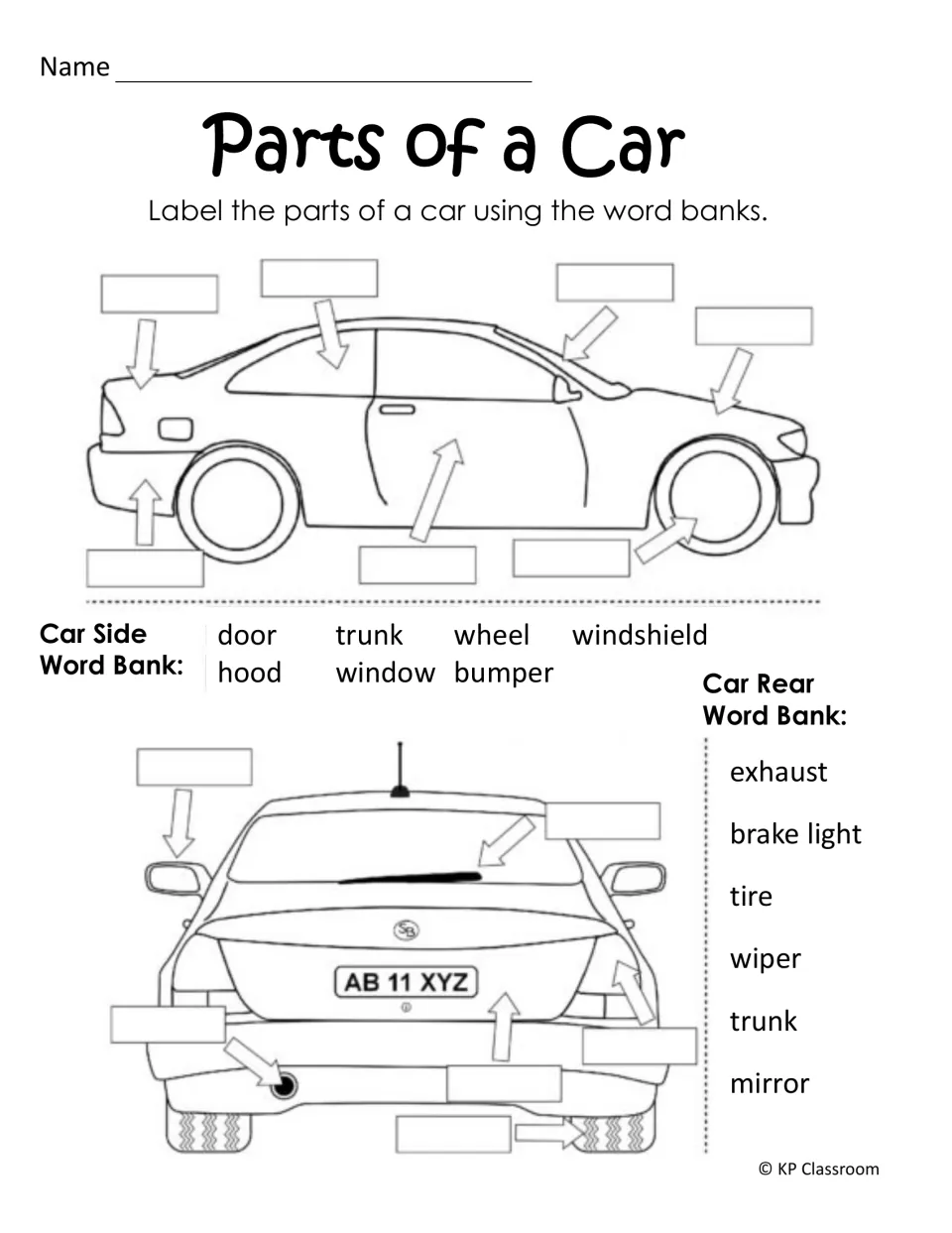 Parts of a Car labeling: students use side and rear word banks to label a car's door, hood, wheel, exhaust and mirror