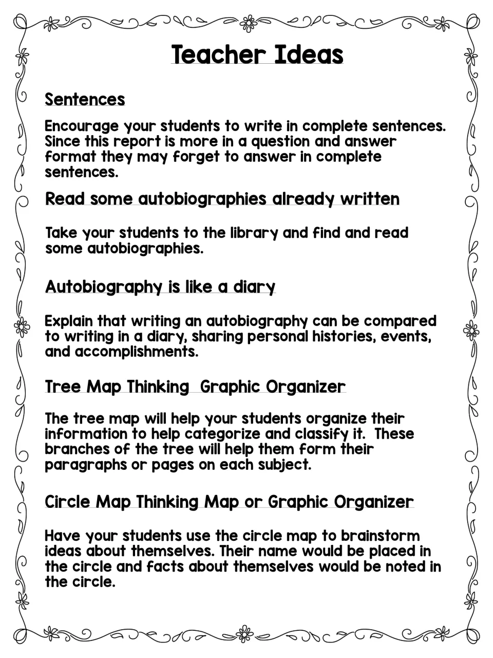 Teacher guidance for autobiography writing: complete sentences, reading examples, diaries, and graphic organizers