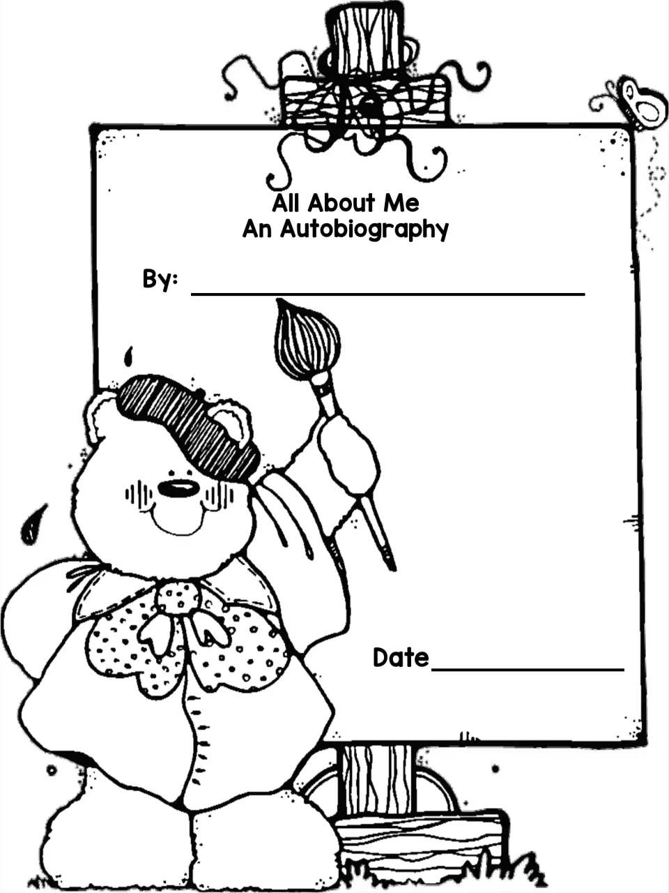 Black-and-white cover for the autobiography packet, titled 'All About Me An Autobiography,' with author and date