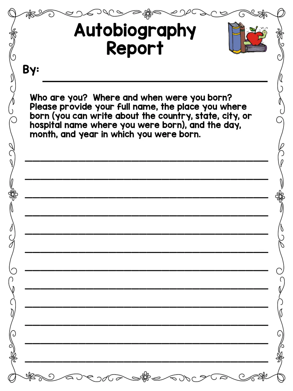 First autobiography writing prompt asks students for their full name, birthplace, and day, month, and year of birth
