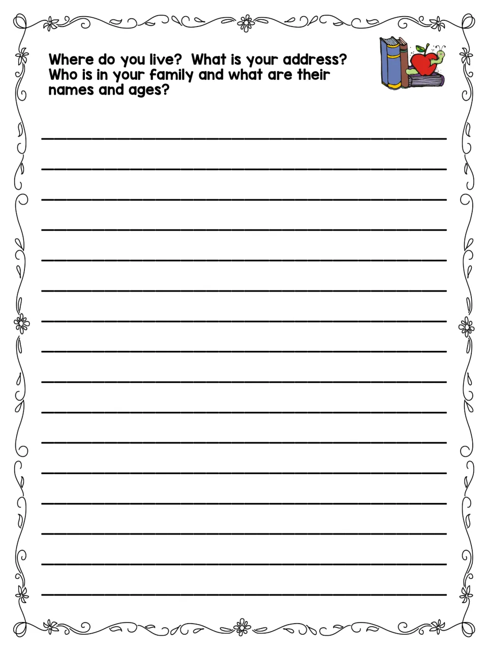 Second autobiography writing prompt asks where students live, their address, and family members' names and ages