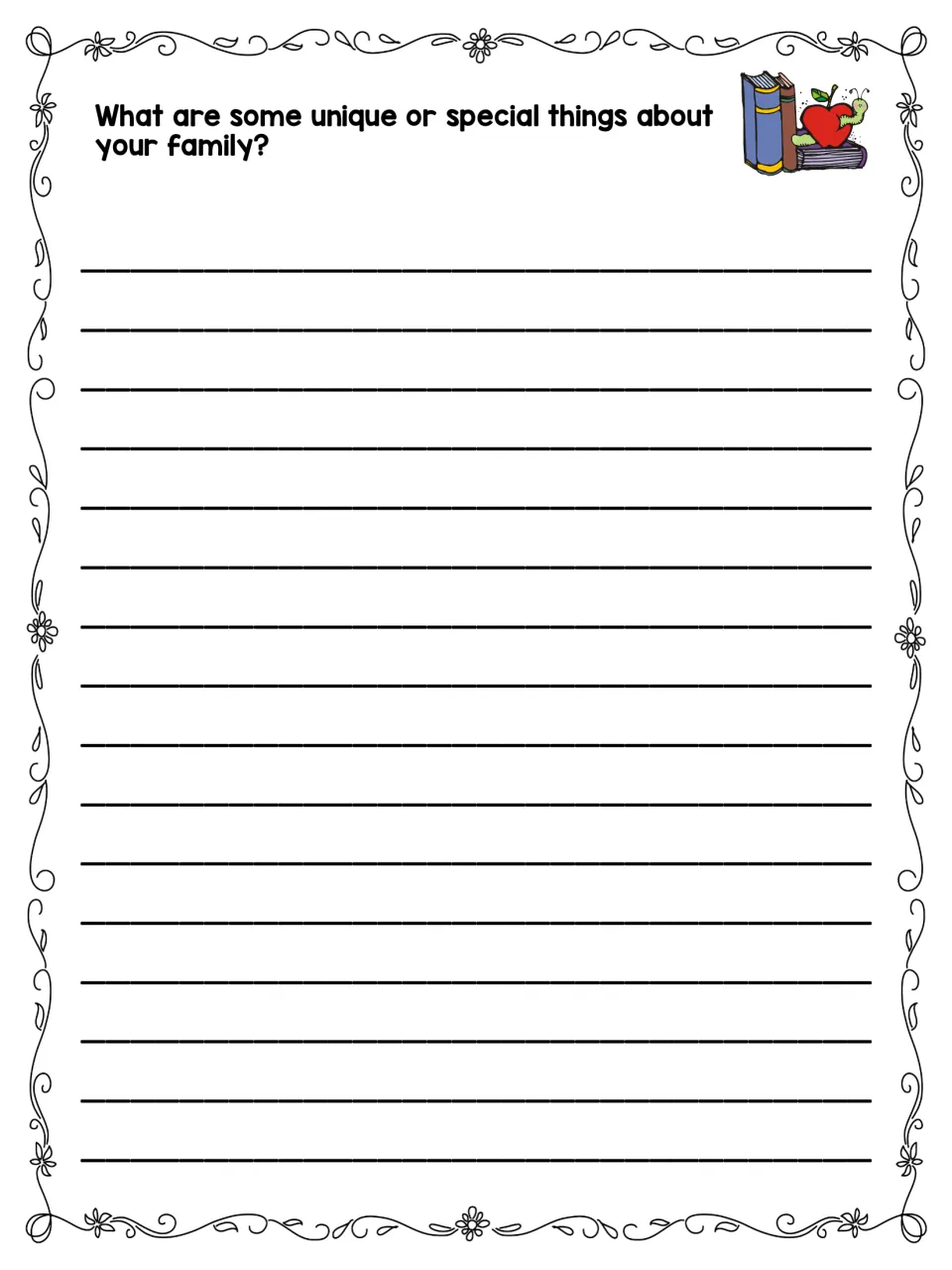Third autobiography writing prompt asks students to describe unique or special things about their family