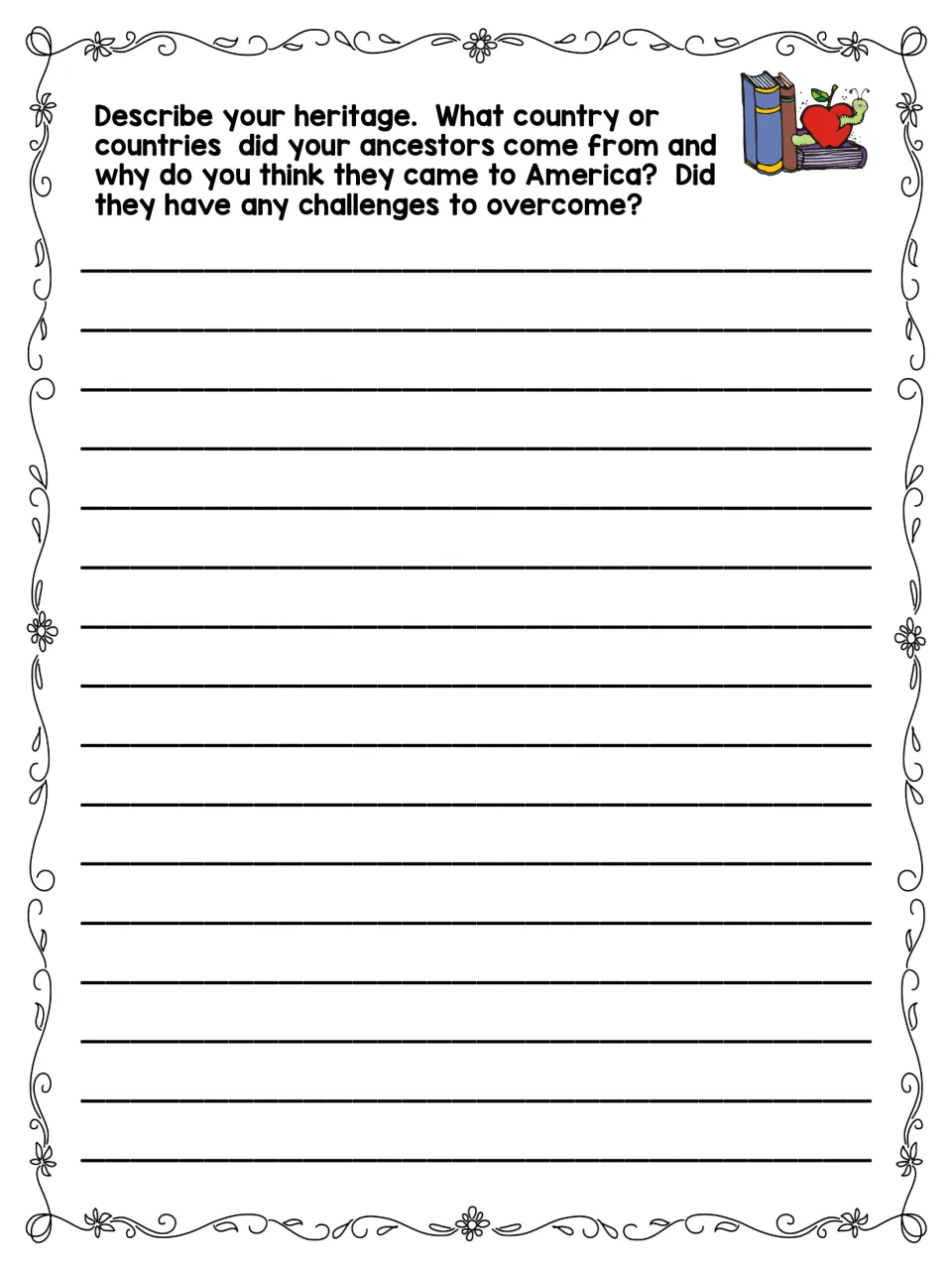 Fourth autobiography prompt asks about heritage, ancestors' countries, reasons for coming to America, and challenges