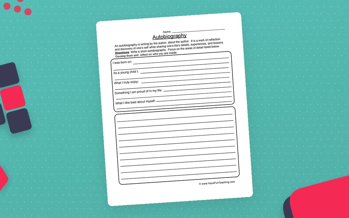 Autobiography worksheet with five reflection prompts and lined writing space