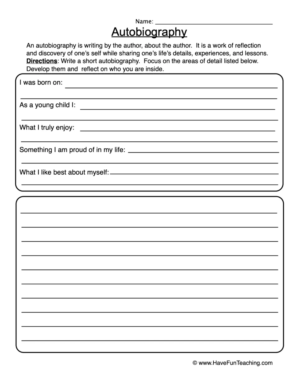 Autobiography prompts: students jot birth date, early childhood, joys and pride, then draft a short life story