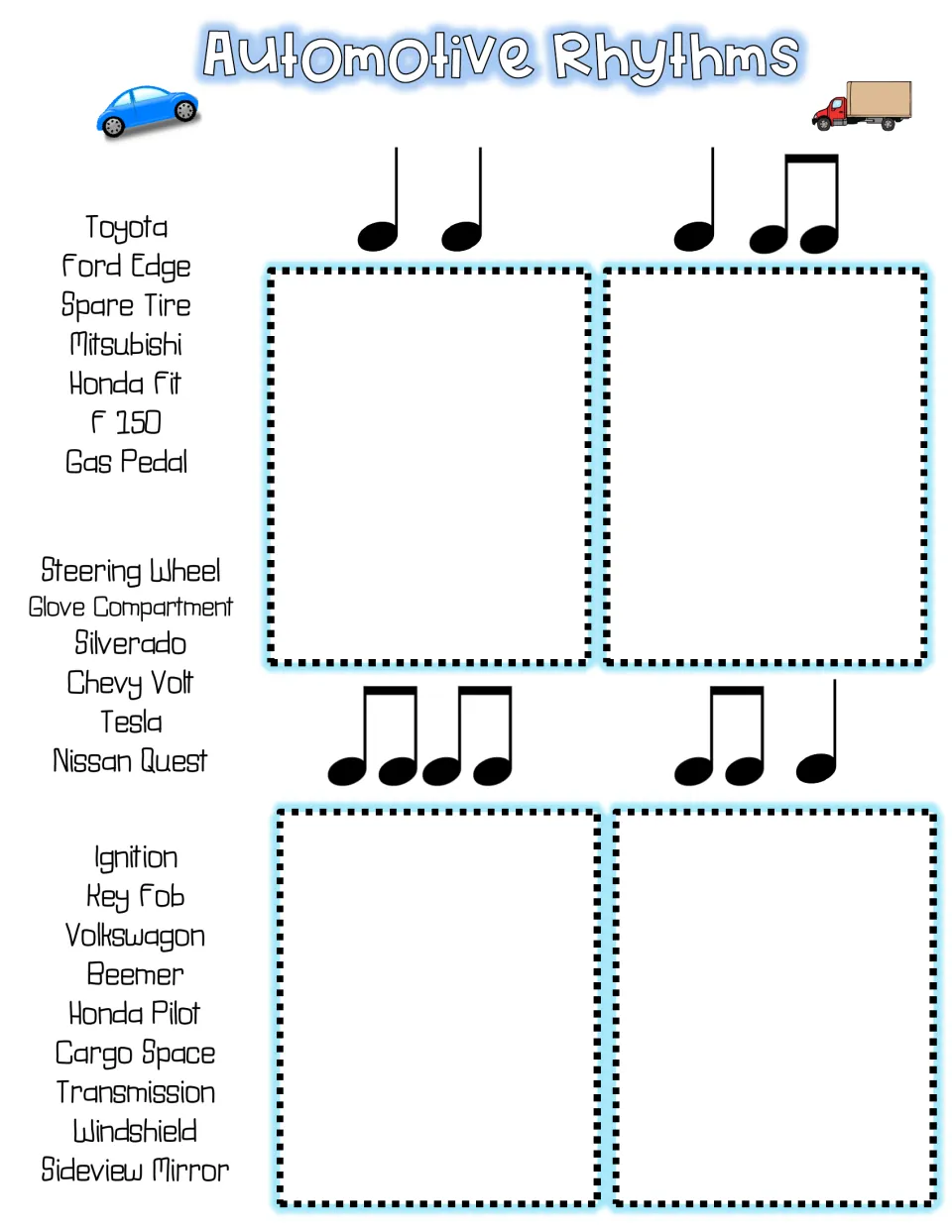 Car-word rhythm sort: students match words like Toyota and Key Fob to four quarter- and eighth-note patterns by syllable