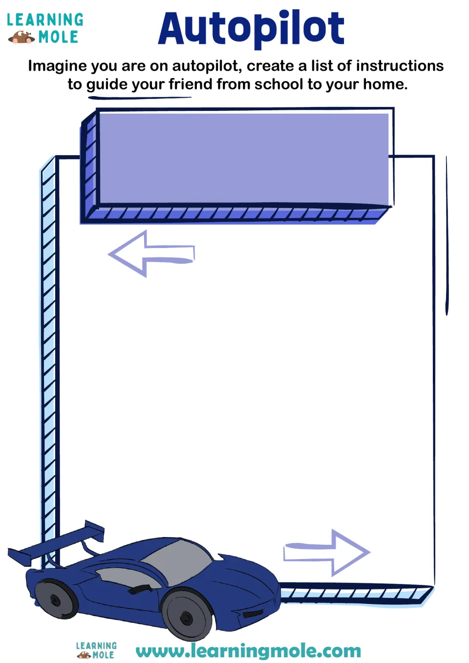 Autopilot task: students write step-by-step instructions guiding a friend from school to their home, a sports car below