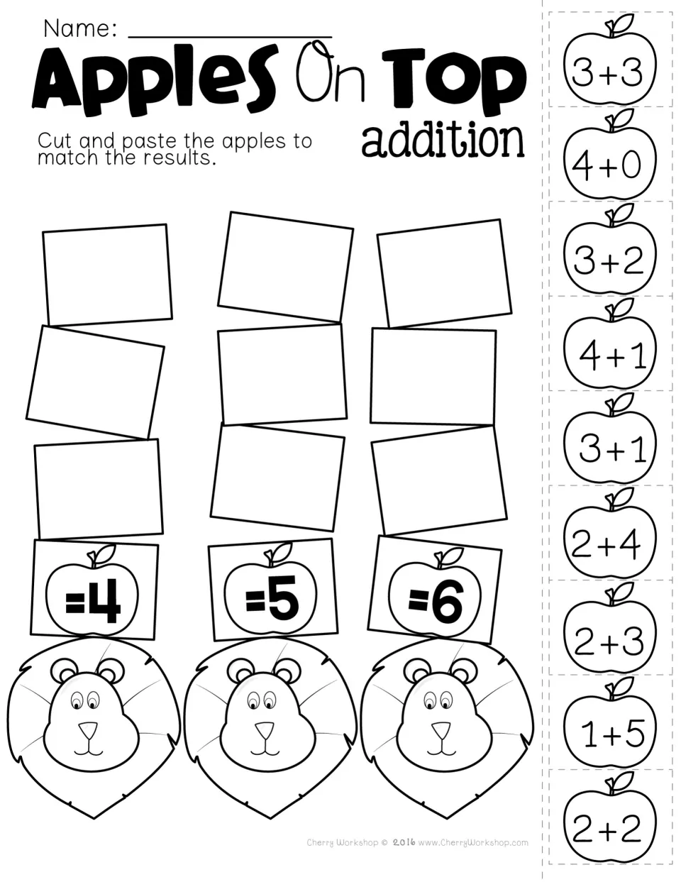 Addition cut-and-paste practice: nine apple facts, including 3+3, 4+0, and 3+2, to match to sums 4, 5, and 6.