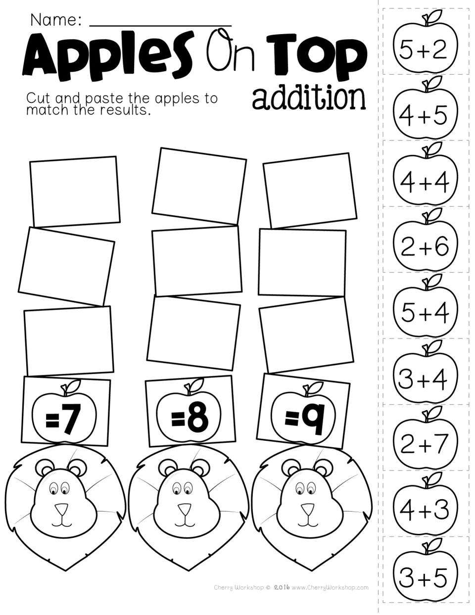 Addition cut-and-paste practice: nine apple facts, including 5+2, 4+5, and 4+4, to match to sums 7, 8, and 9.
