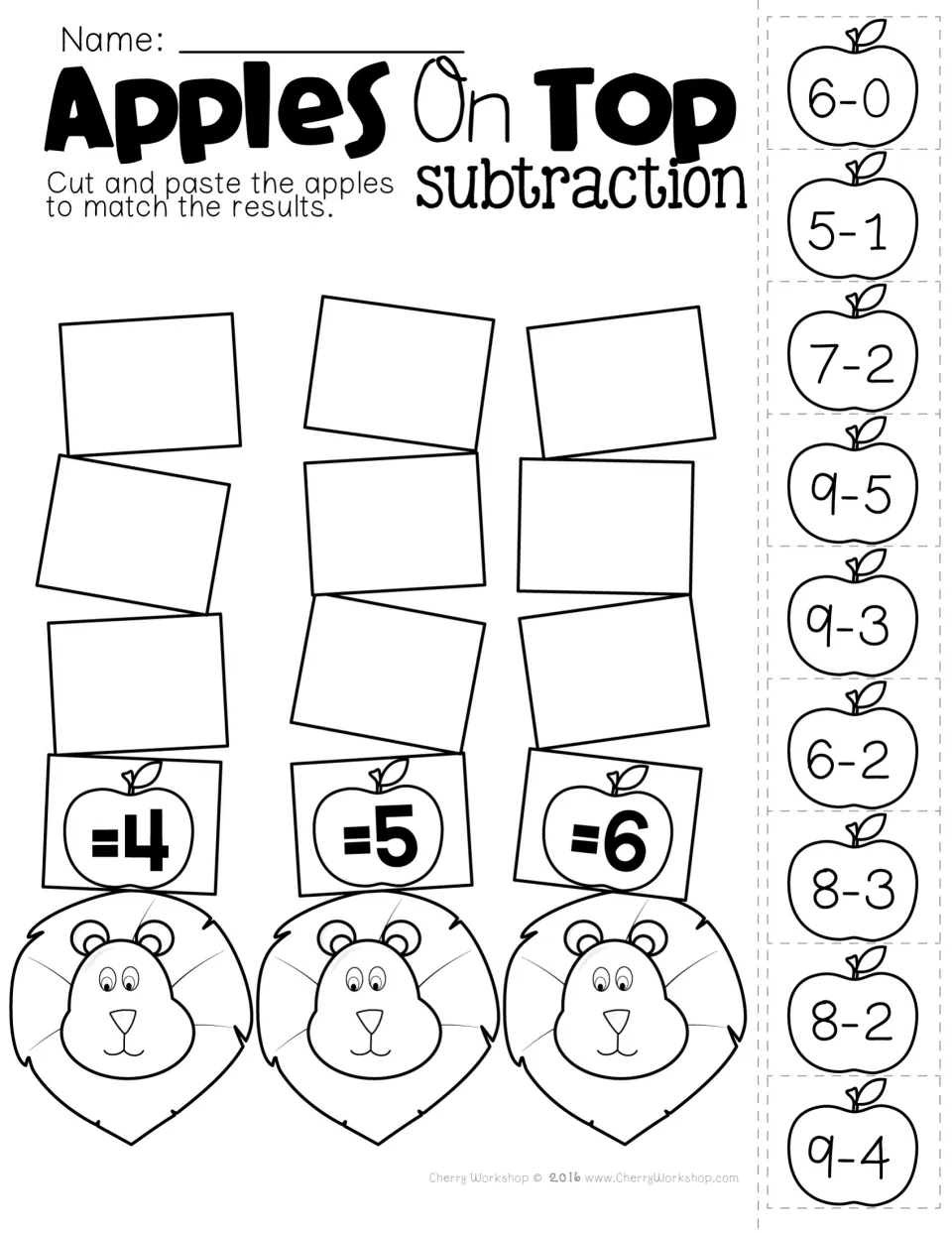 Subtraction cut-and-paste practice: nine apple facts, including 6-0, 5-1, and 7-2, to match to results 4, 5, and 6.