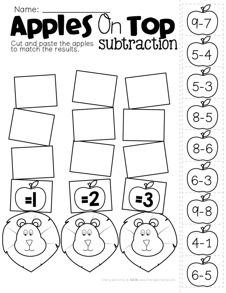 Subtraction cut-and-paste practice: nine apple facts, including 9-7, 5-4, and 5-3, to match to results 1, 2, and 3.