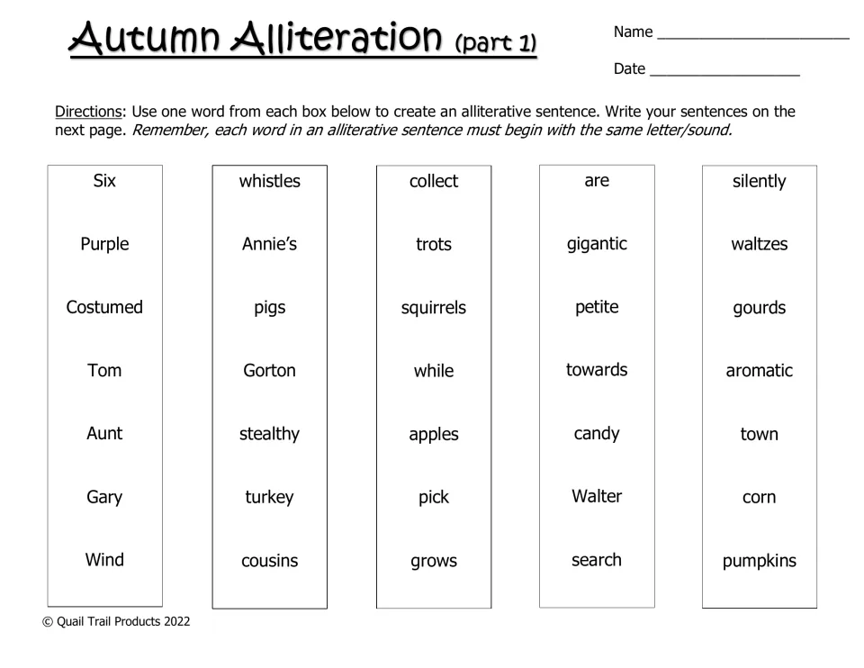 Alliterative sentence building: students pick one word from each of 5 word lists so all words share a starting sound
