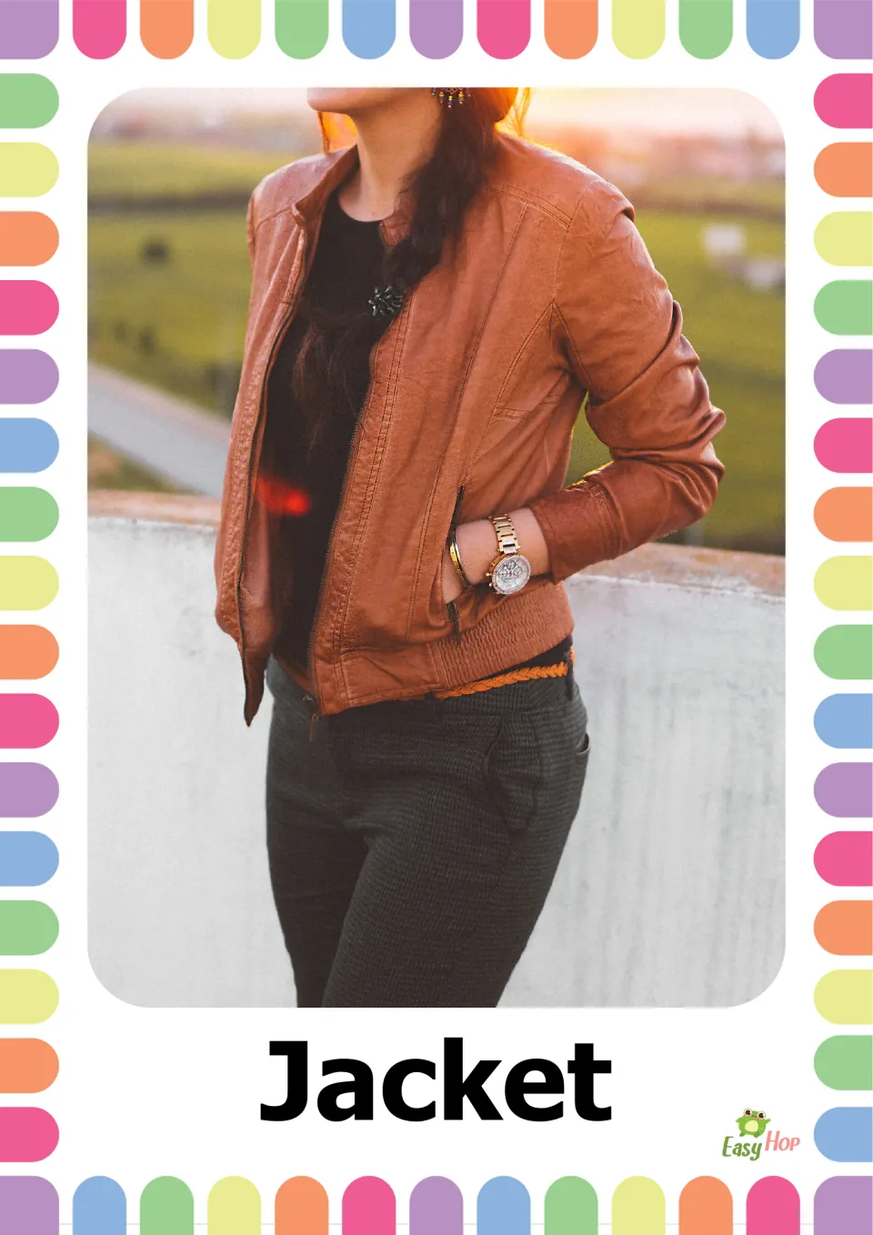 Autumn clothing vocabulary flashcard 1: the word 'Jacket' paired with a photo of a person wearing a brown jacket