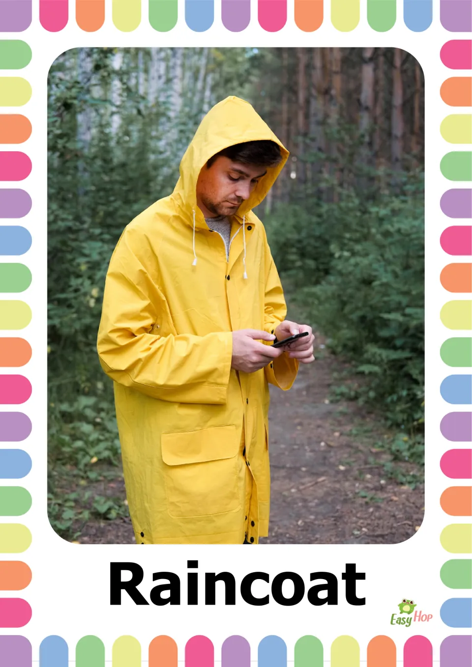 Autumn clothing vocabulary flashcard 3: the word 'Raincoat' paired with a person wearing a yellow raincoat