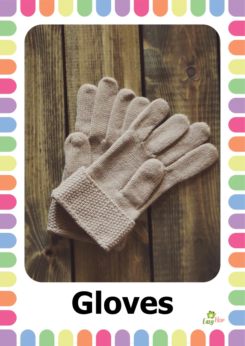 Autumn clothing vocabulary flashcard 5: the word 'Gloves' paired with a photo of beige knitted gloves