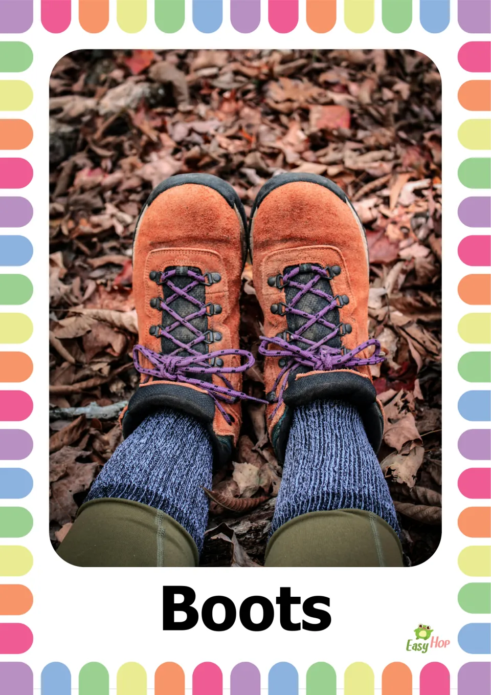 Autumn clothing vocabulary flashcard 7: the word 'Boots' paired with a photo of orange lace-up hiking boots