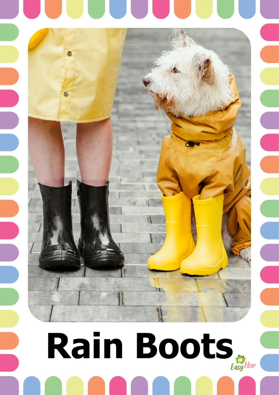 Autumn clothing vocabulary flashcard 8: the words 'Rain Boots' paired with black and yellow rain boots