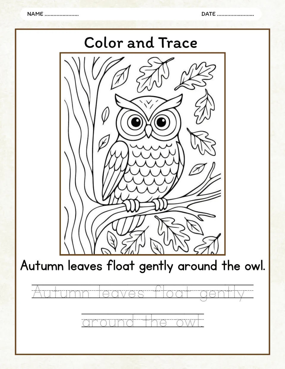 Autumn color and trace activity: an owl on a branch and 'Autumn leaves float gently around the owl.'