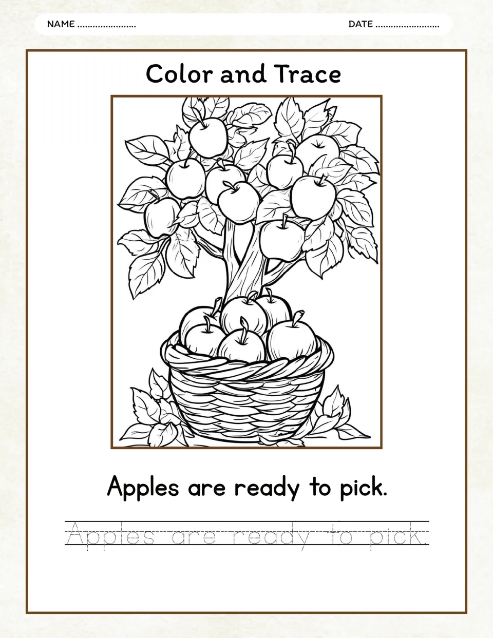 Autumn color and trace activity: an apple tree and a basket of apples, with 'Apples are ready to pick.'