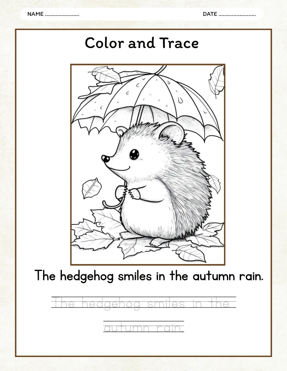 Autumn color and trace activity: a hedgehog under an umbrella and 'The hedgehog smiles in the autumn rain.'