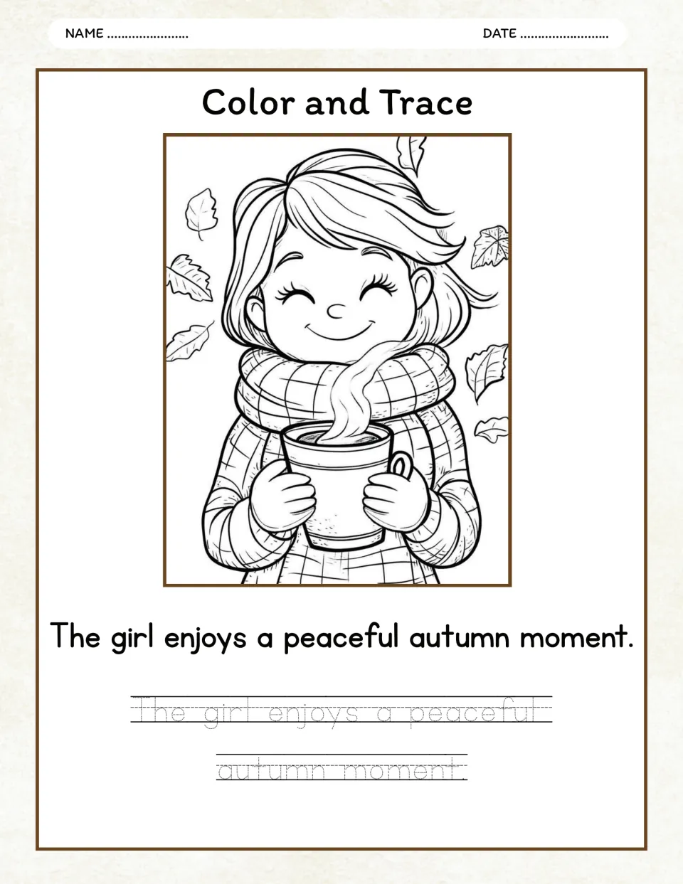 Autumn color and trace activity: a girl holding a mug and 'The girl enjoys a peaceful autumn moment.'