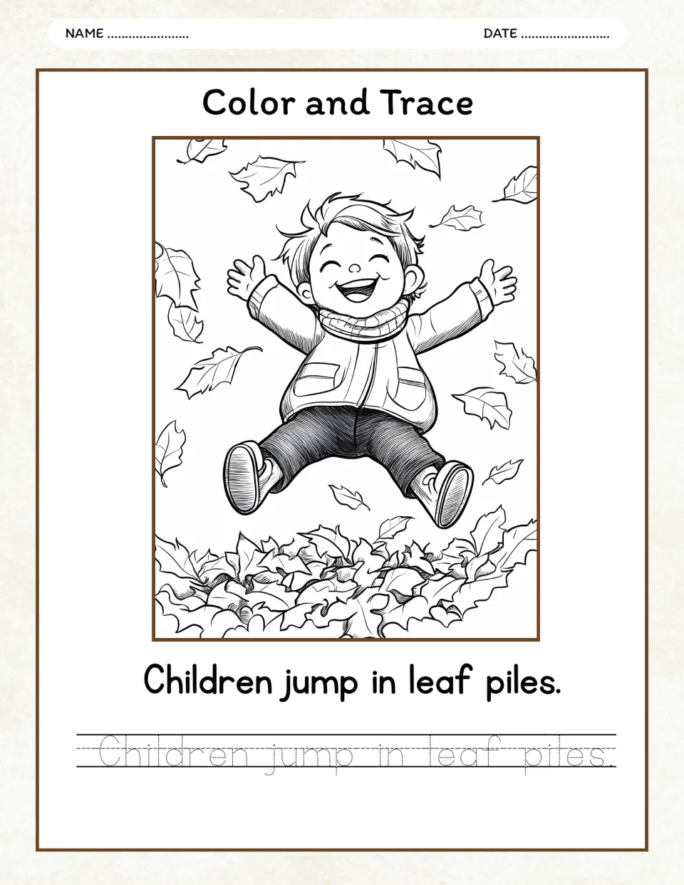 Autumn color and trace activity: a child jumping into fallen leaves and 'Children jump in leaf piles.'