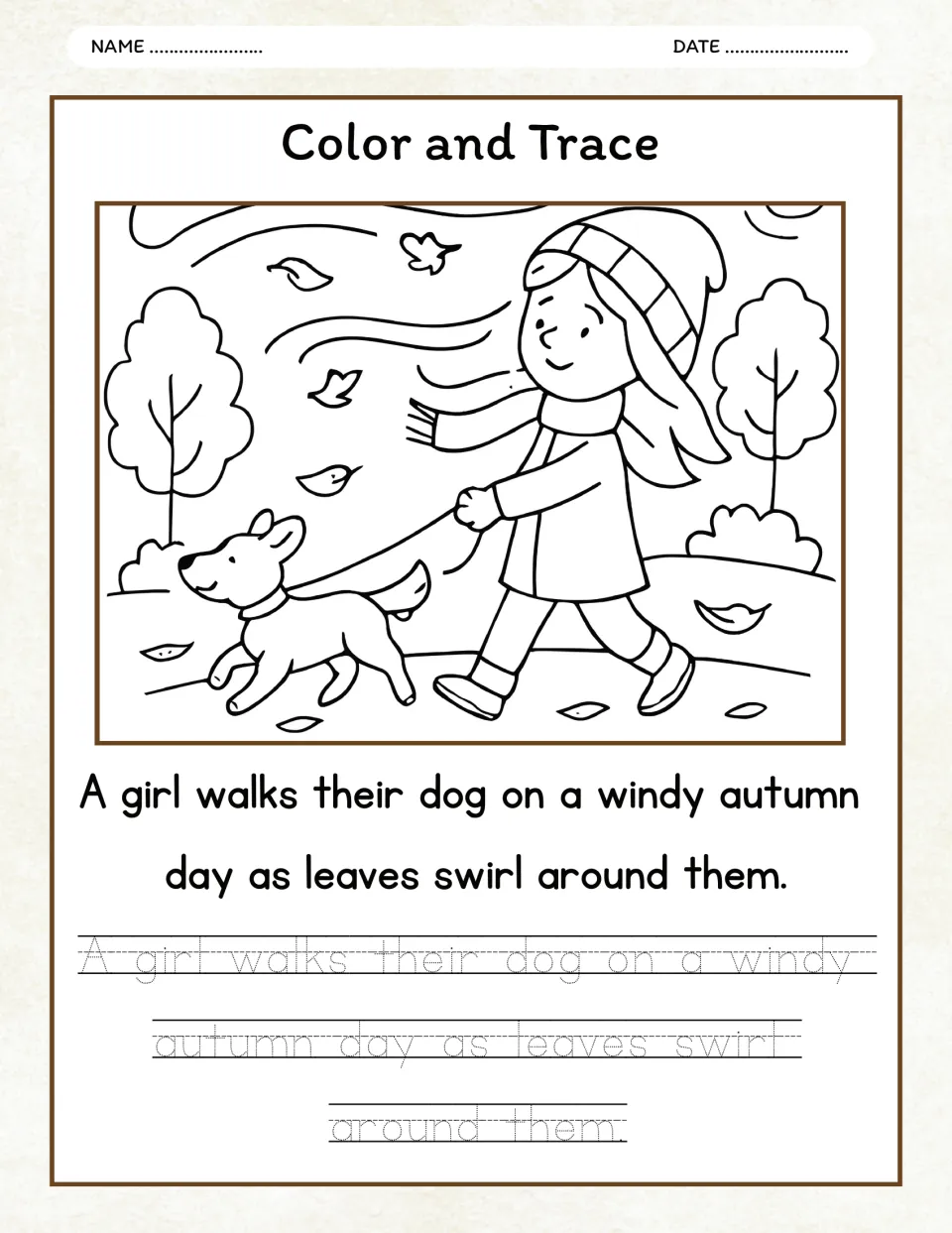 Autumn color and trace activity: a girl walking a dog, with a sentence about a windy day and swirling leaves.