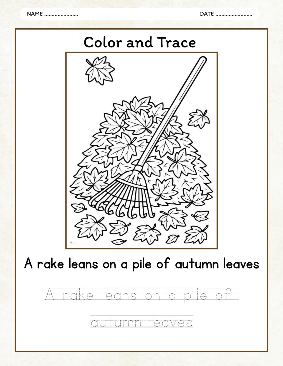 Autumn color and trace activity: a rake resting on leaves and 'A rake leans on a pile of autumn leaves'.