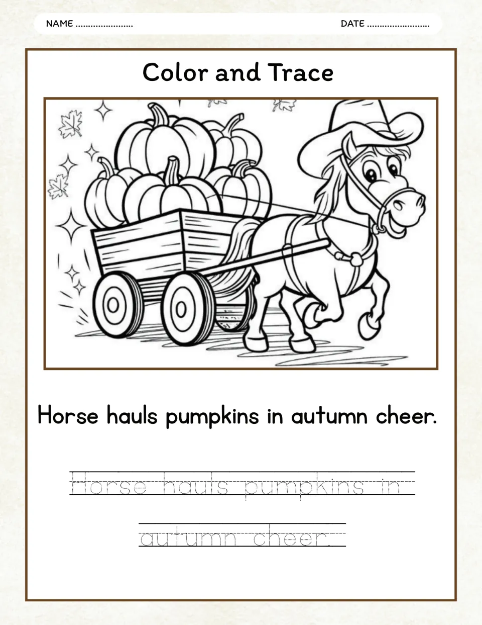 Autumn color and trace activity: a horse pulling a pumpkin wagon and 'Horse hauls pumpkins in autumn cheer.'