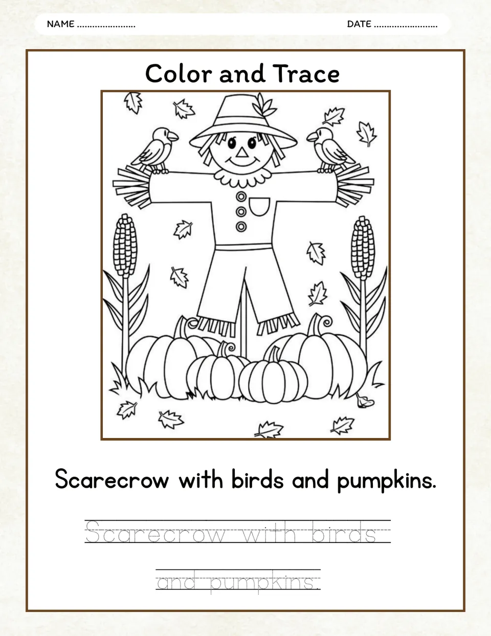Autumn color and trace activity: a scarecrow among corn and pumpkins, with 'Scarecrow with birds and pumpkins.'