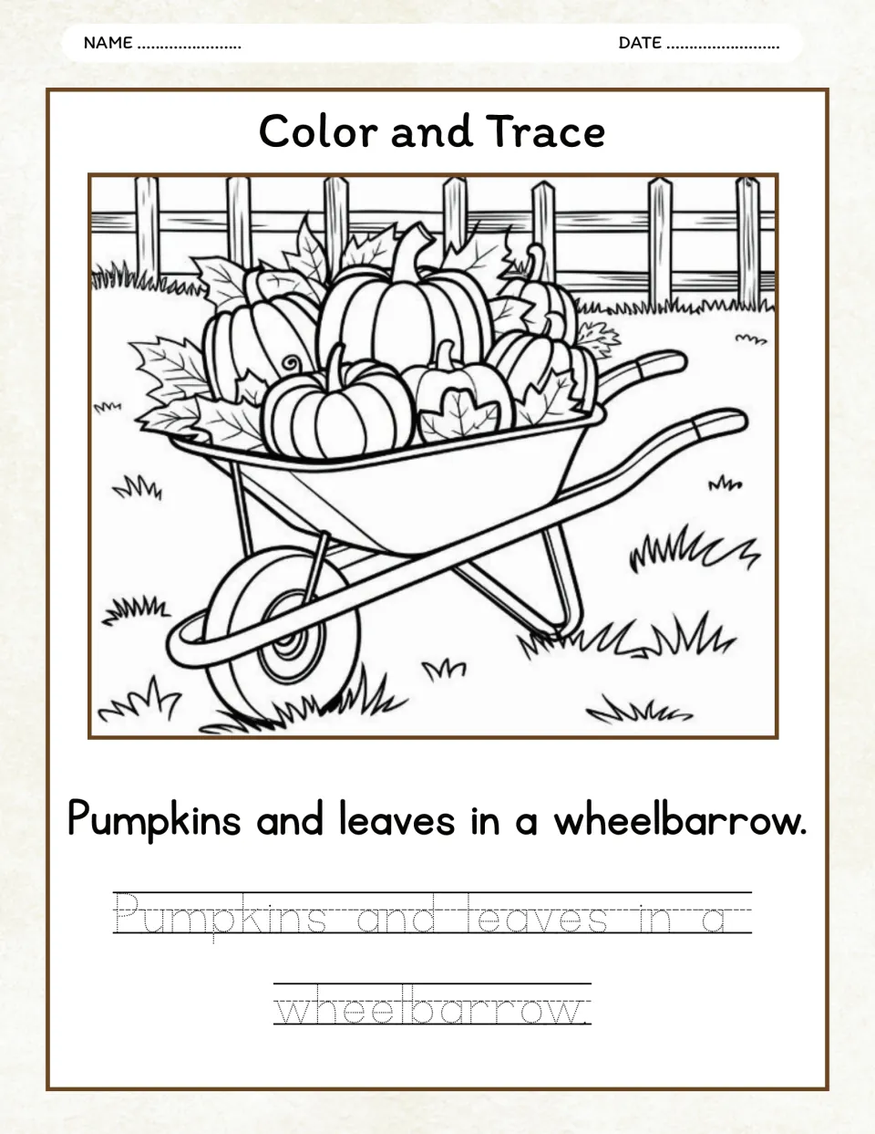 Autumn color and trace activity: a wheelbarrow full of pumpkins and 'Pumpkins and leaves in a wheelbarrow.'