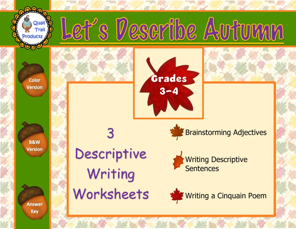 Let's Describe Autumn cover for grades 3-4: three worksheets on brainstorming adjectives, descriptive sentences, cinquain