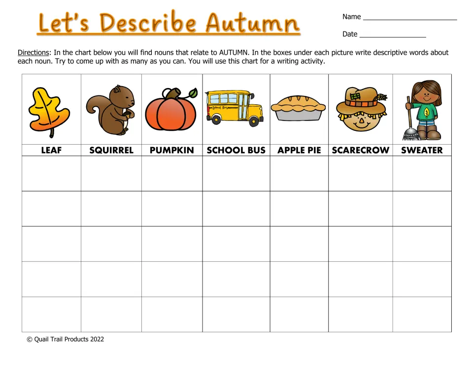 Autumn adjective chart in color: students brainstorm descriptive words for a leaf, squirrel, pumpkin, bus, pie and more