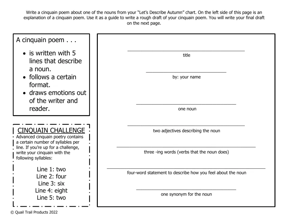 Cinquain poem rough draft: students follow a 5-line guide (noun, 2 adjectives, 3 -ing words, feeling, synonym)