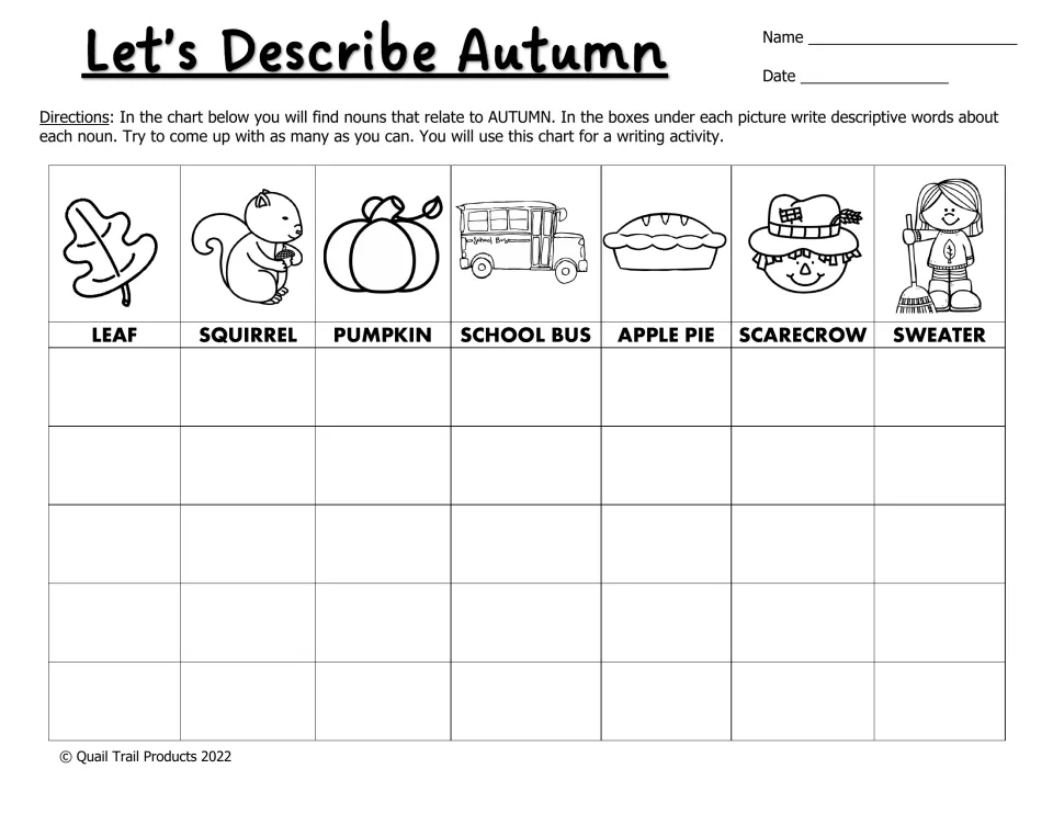 Black-and-white autumn noun chart: students list adjectives under drawings of a leaf, pumpkin, scarecrow and more