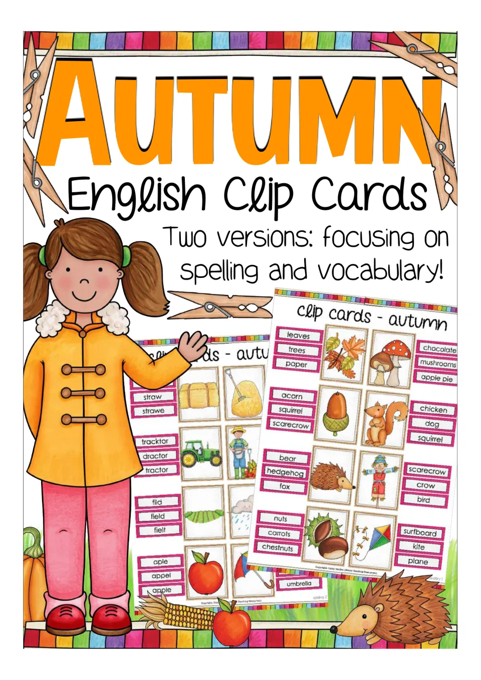 Autumn clip cards cover: two versions focusing on spelling and vocabulary, shown with sample picture cards and a girl