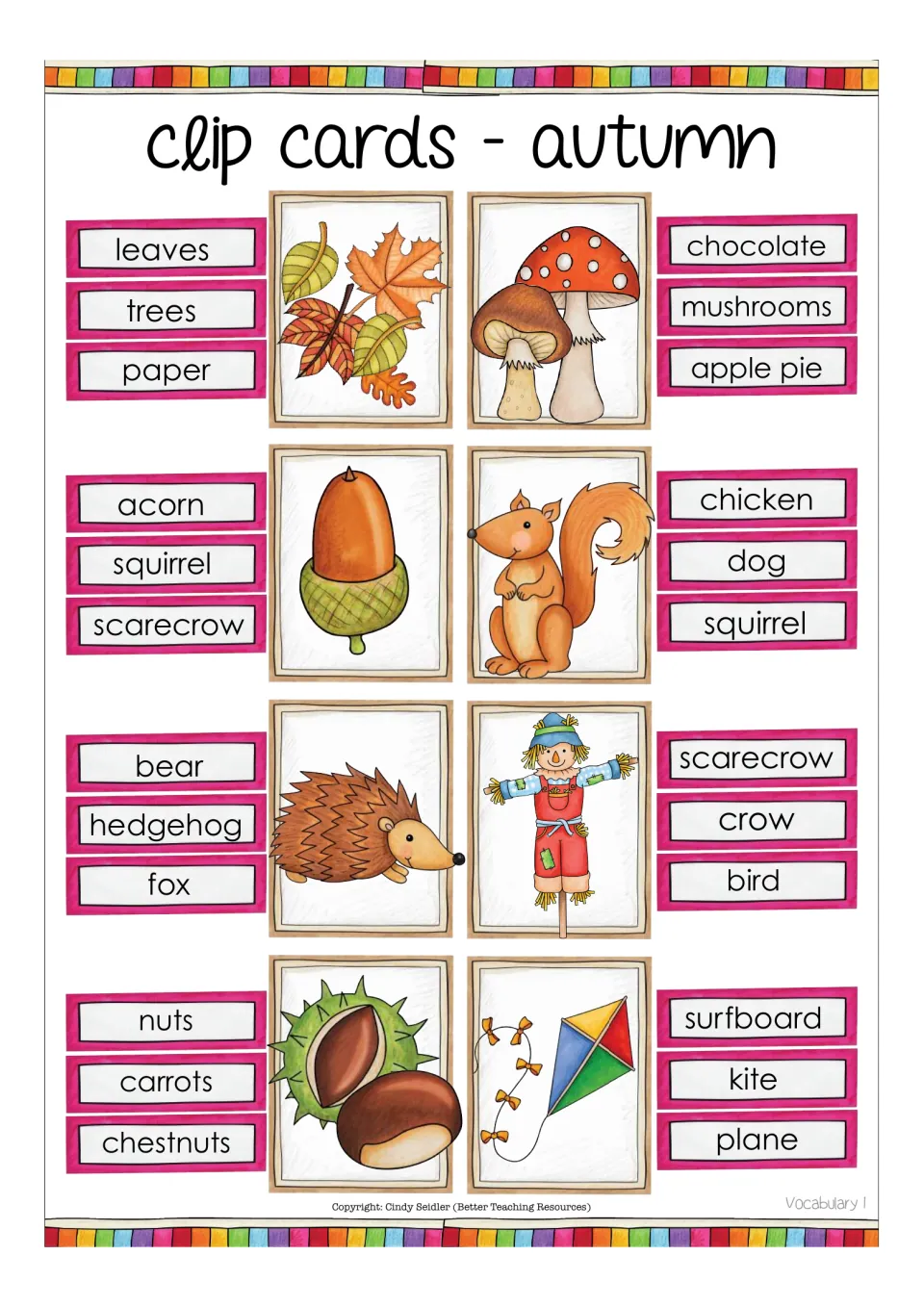 Autumn vocabulary clip cards 1: students clip the word naming each picture, e.g. leaves, mushrooms, acorn, squirrel, kite