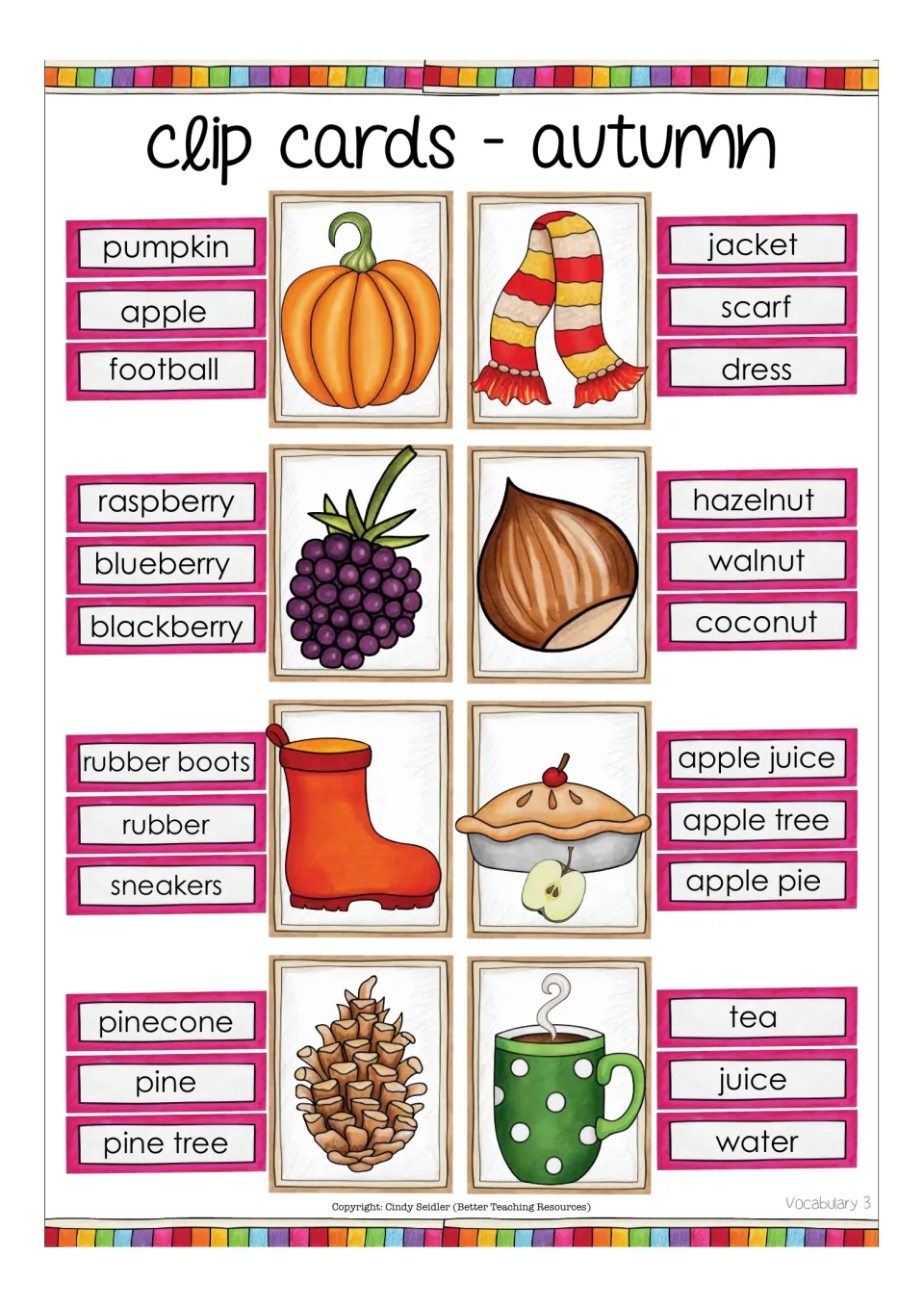 Autumn vocabulary clip cards 3: students match pictures like pumpkin, scarf, blackberry, hazelnut and pinecone to words