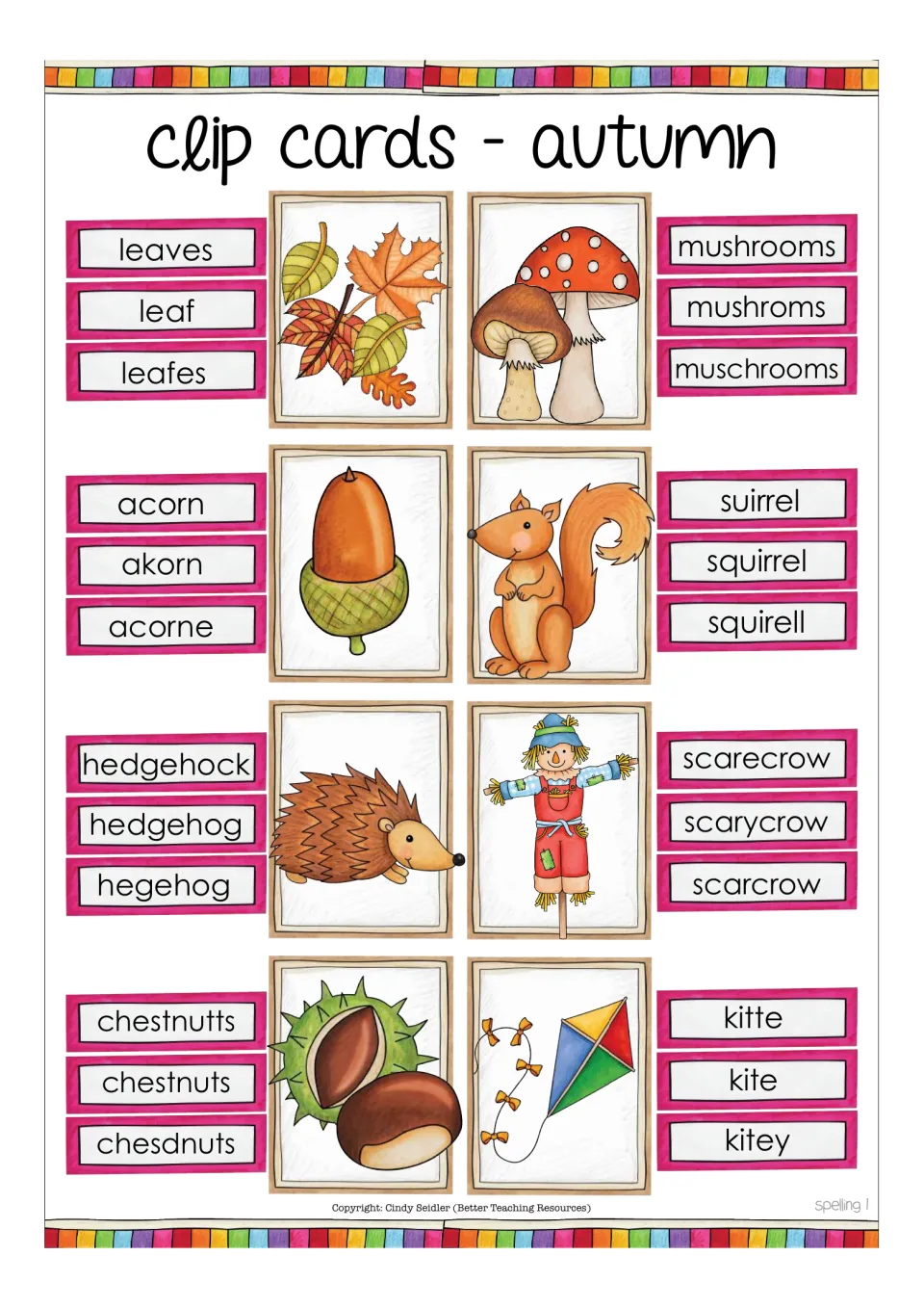 Autumn spelling clip cards 1: students clip the correct spelling among three options, e.g. acorn, akorn, acorne