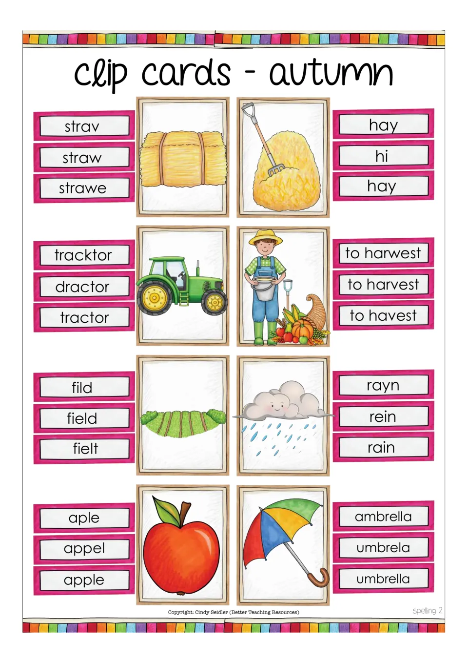 Autumn spelling clip cards 2: students find the correctly spelled word, e.g. tractor vs tracktor, umbrella vs umbrela