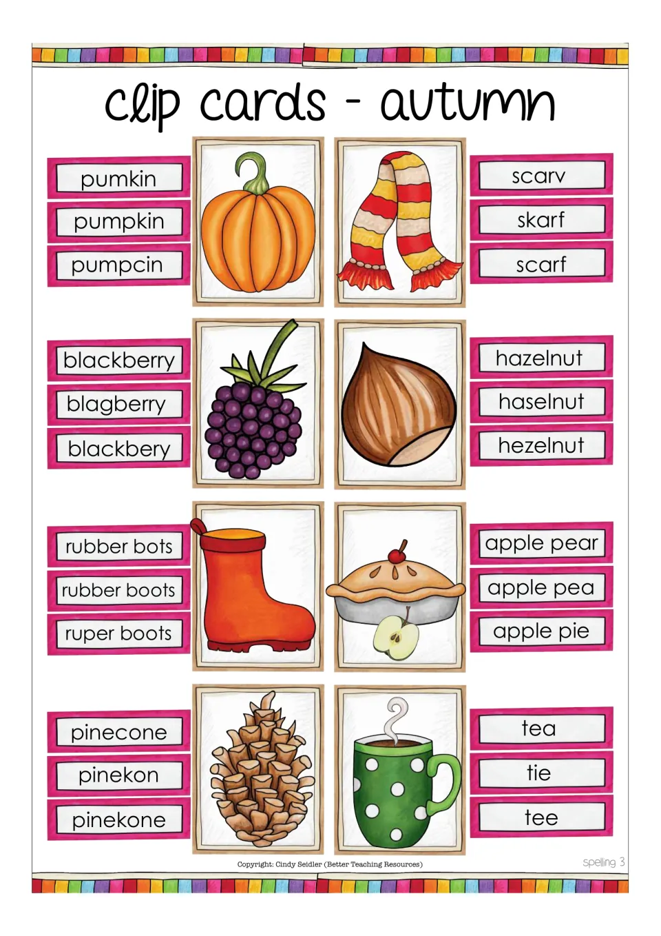 Autumn spelling clip cards 3: students choose the right spelling for pumpkin, scarf, hazelnut, blackberry and pinecone