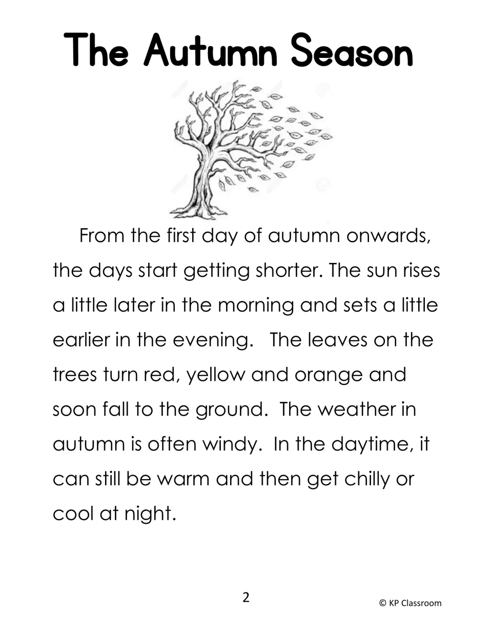Autumn reading passage, part 2: shorter days, leaves turning red, yellow and orange, and windy weather