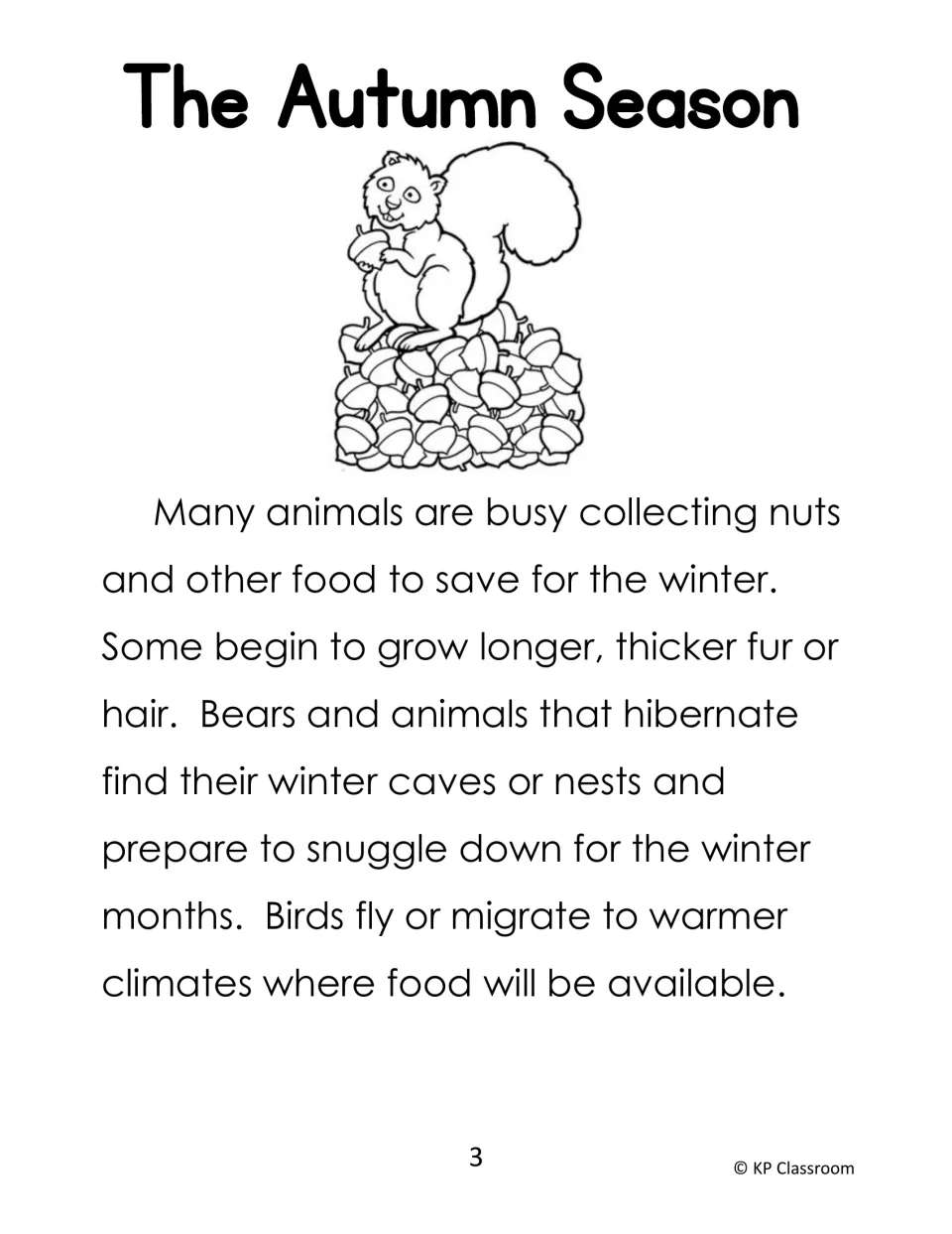 Autumn reading passage, part 3: animals gather nuts, grow thicker fur, hibernate or migrate; squirrel drawing