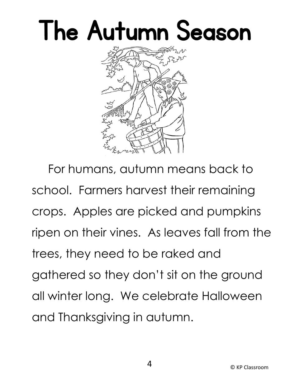 Autumn reading passage, part 4: back to school, harvest, raking leaves, Halloween and Thanksgiving
